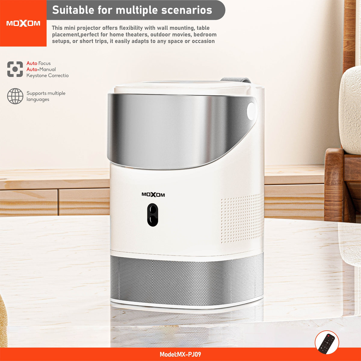 MOXOM MX-PJ09 Smart Projector – Portable Home Cinema, Big-Screen Movies & Gaming, Remote Included