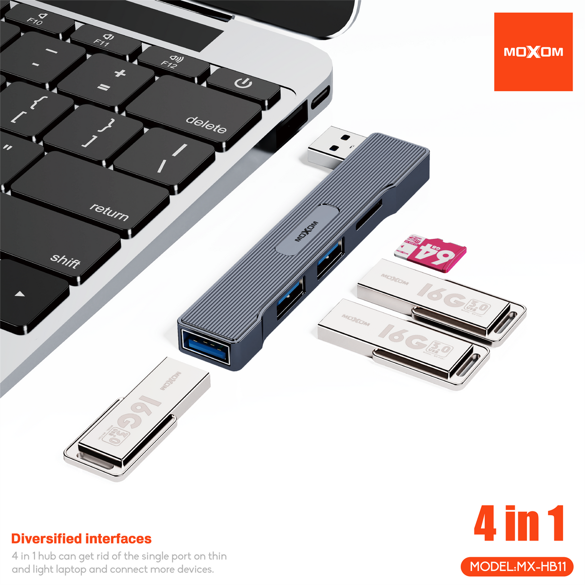 MOXOM MX-HB11 4-in-1 USB Hub – USB 3.0 5Gbps + 2× USB 2.0 + SD Card Reader for Laptop & PC