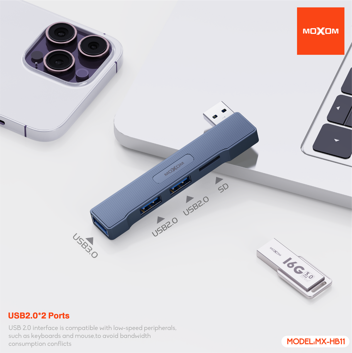 MOXOM MX-HB11 4-in-1 USB Hub – USB 3.0 5Gbps + 2× USB 2.0 + SD Card Reader for Laptop & PC