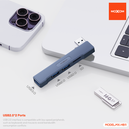 MOXOM MX-HB11 4-in-1 USB Hub – USB 3.0 5Gbps + 2× USB 2.0 + SD Card Reader for Laptop & PC