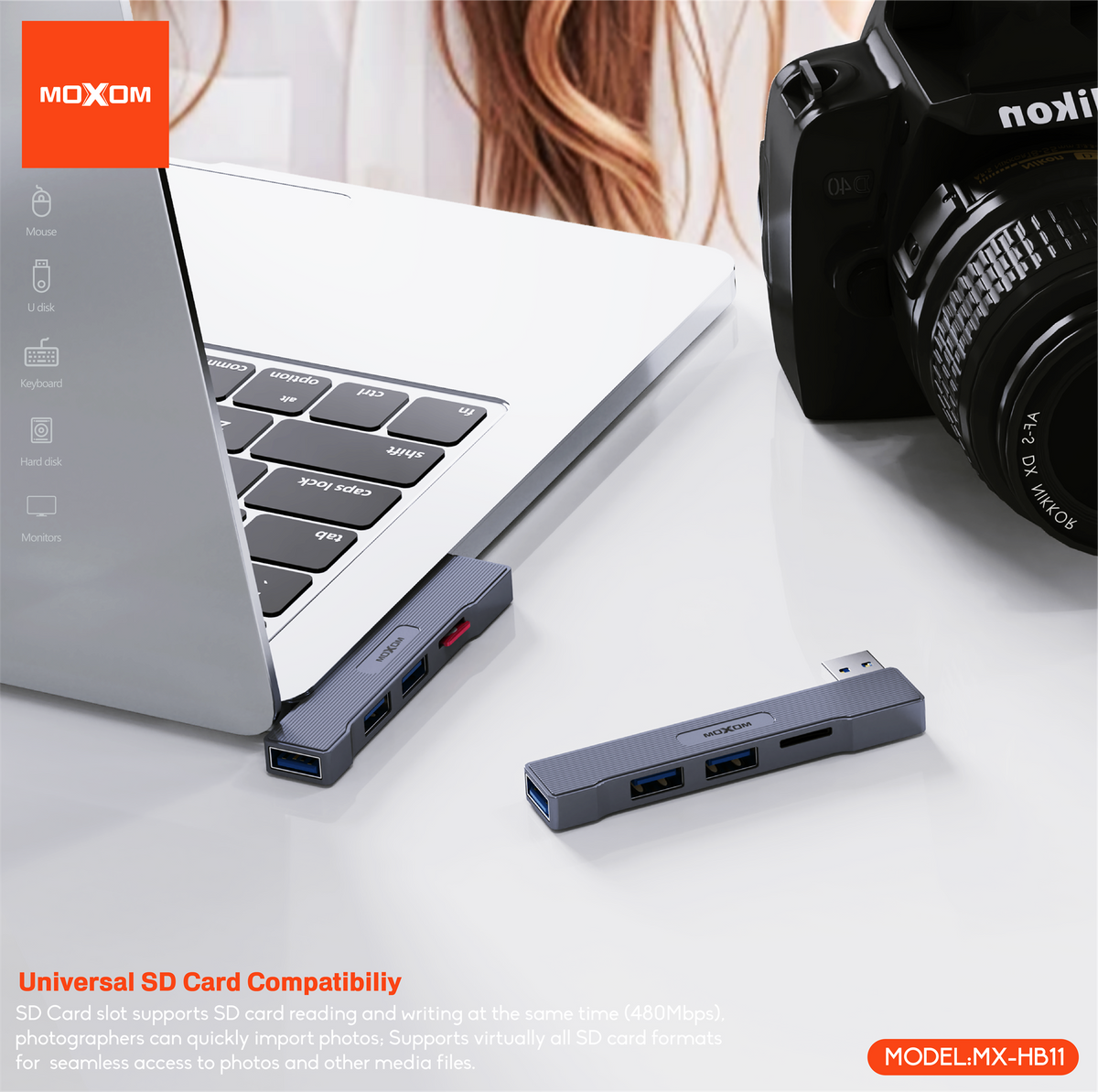MOXOM MX-HB11 4-in-1 USB Hub – USB 3.0 5Gbps + 2× USB 2.0 + SD Card Reader for Laptop & PC