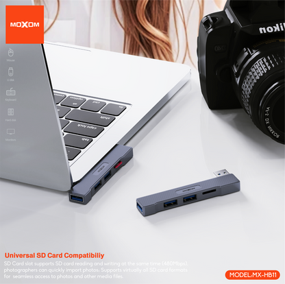 MOXOM MX-HB11 4-in-1 USB Hub – USB 3.0 5Gbps + 2× USB 2.0 + SD Card Reader for Laptop & PC