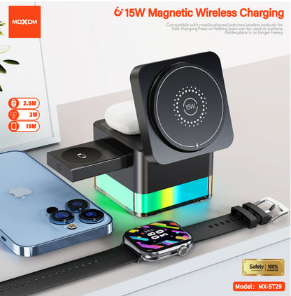 MOXOM MX-ST29 3-in-1 Wireless Charging Station – 15W Fast, Phone + Watch + Earbuds, Magnetic Alignment