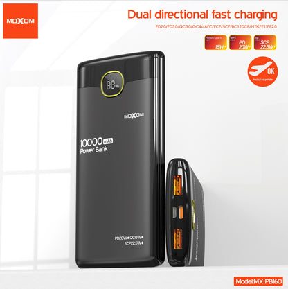 MOXOM MX-PB160 10000mAh Power Bank – 22.5W SCP + 20W PD Fast Charging, LCD Display, Flight Safe