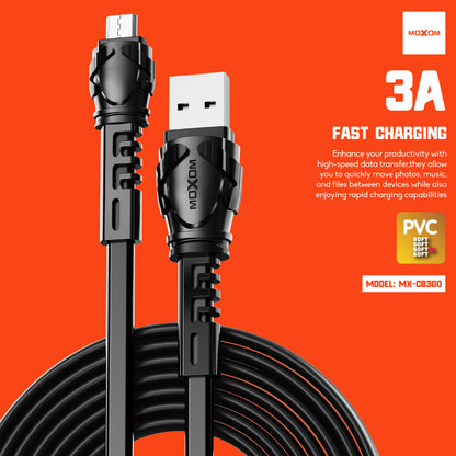 MOXOM MX-CB300 Fast Charging Cable – 3A, Type-C / Lightning / Micro USB, Black or White, 1m