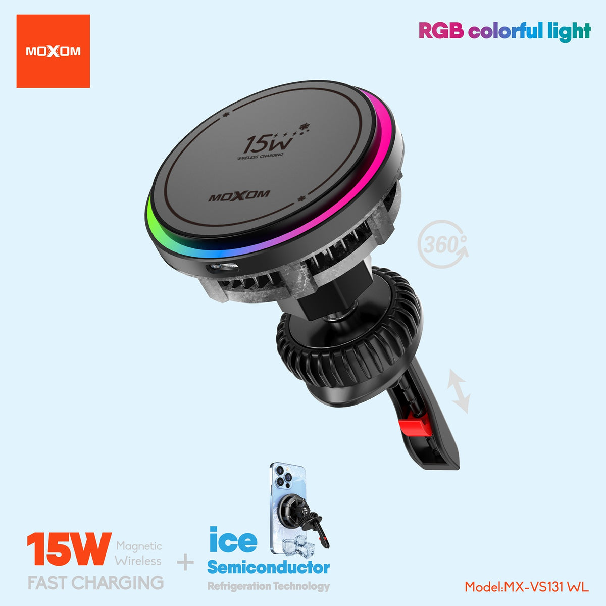 MOXOM MX-VS131 15W Magnetic Wireless Charging Phone Holder – Built-in Cooling Fan & Chilling Plate