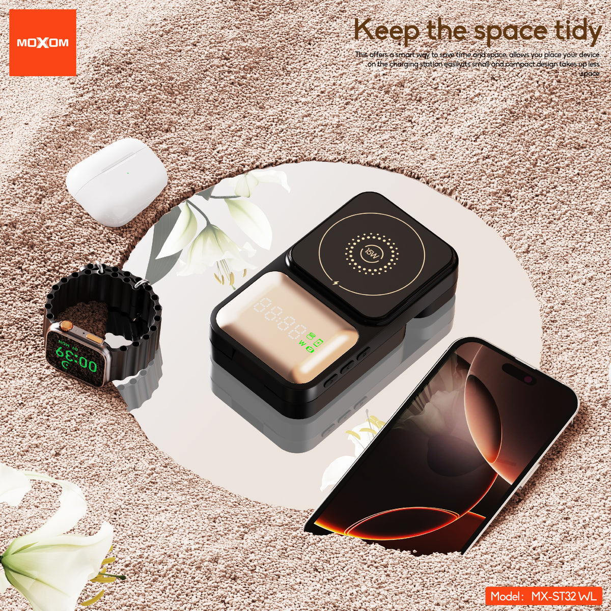MOXOM MX-ST32 3-in-1 Foldable Magnetic Wireless Charger – Phone, Earbuds & Watch, Packs Flat for Travel