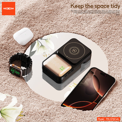 MOXOM MX-ST32 3-in-1 Foldable Magnetic Wireless Charger – Phone, Earbuds & Watch, Packs Flat for Travel