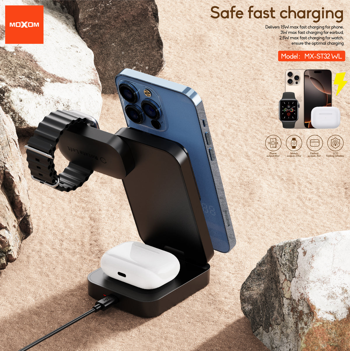 MOXOM MX-ST32 3-in-1 Foldable Magnetic Wireless Charger – Phone, Earbuds & Watch, Packs Flat for Travel