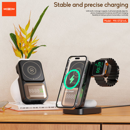 MOXOM MX-ST32 3-in-1 Foldable Magnetic Wireless Charger – Phone, Earbuds & Watch, Packs Flat for Travel