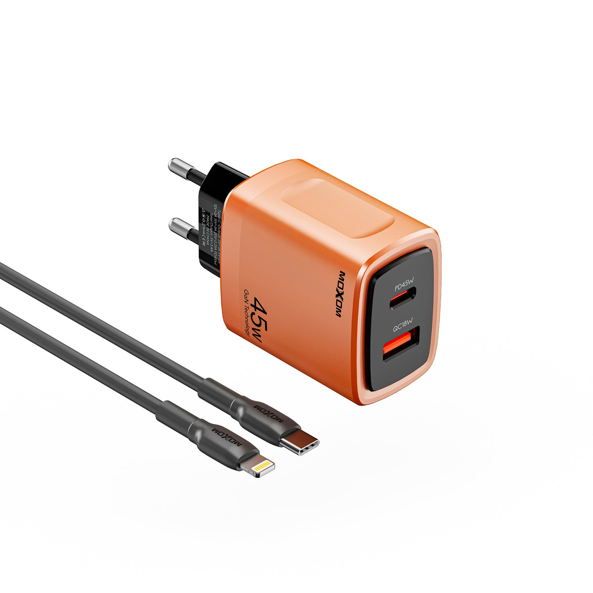 MOXOM MX-HC305 GaN 45W Travel Charger with Cable – USB-C PD 45W + QC 18W USB-A, EU Plug