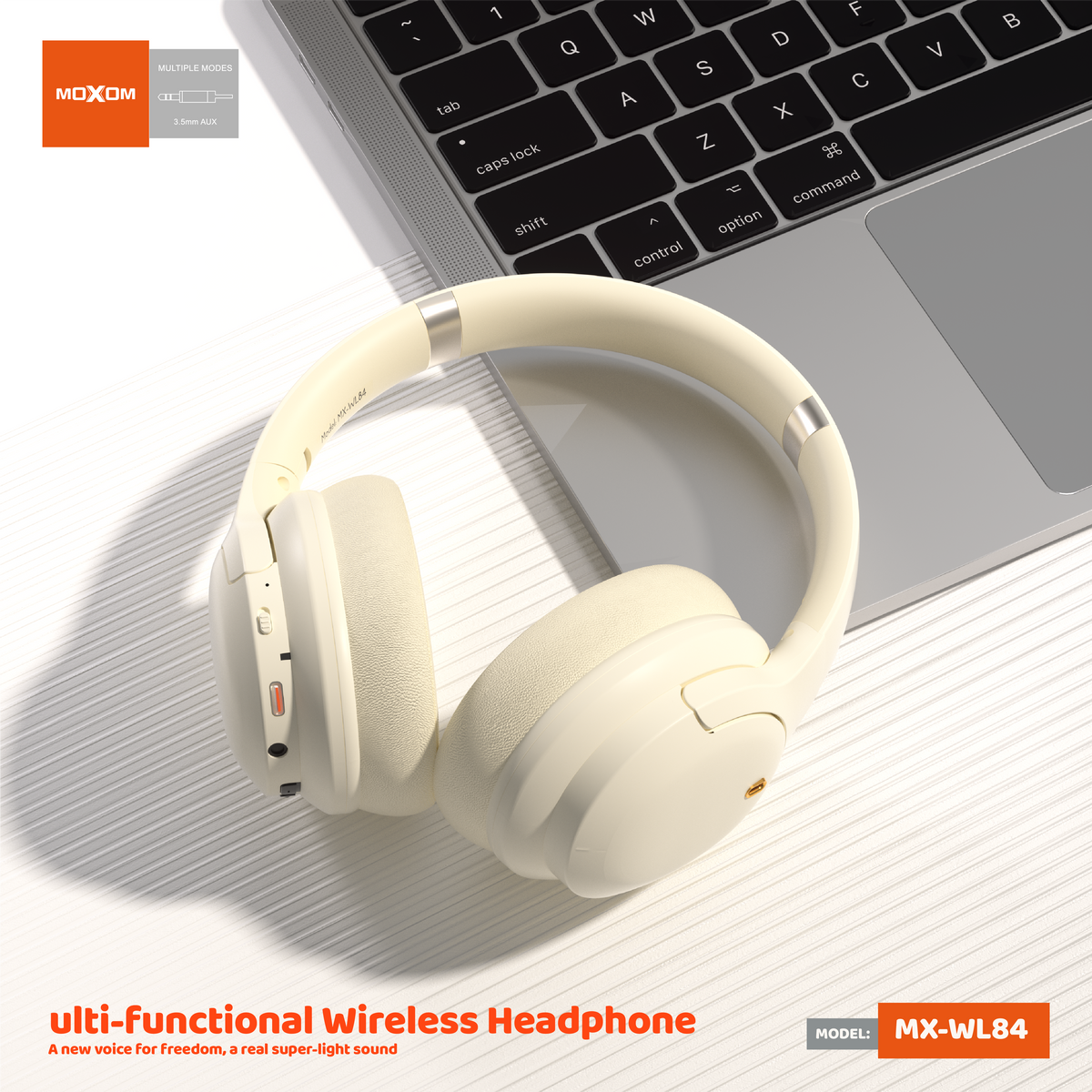 MOXOM MX-WL84 Wireless Headphones – Hi-Fi Sound, 26H Battery, Padded Comfort, Beige
