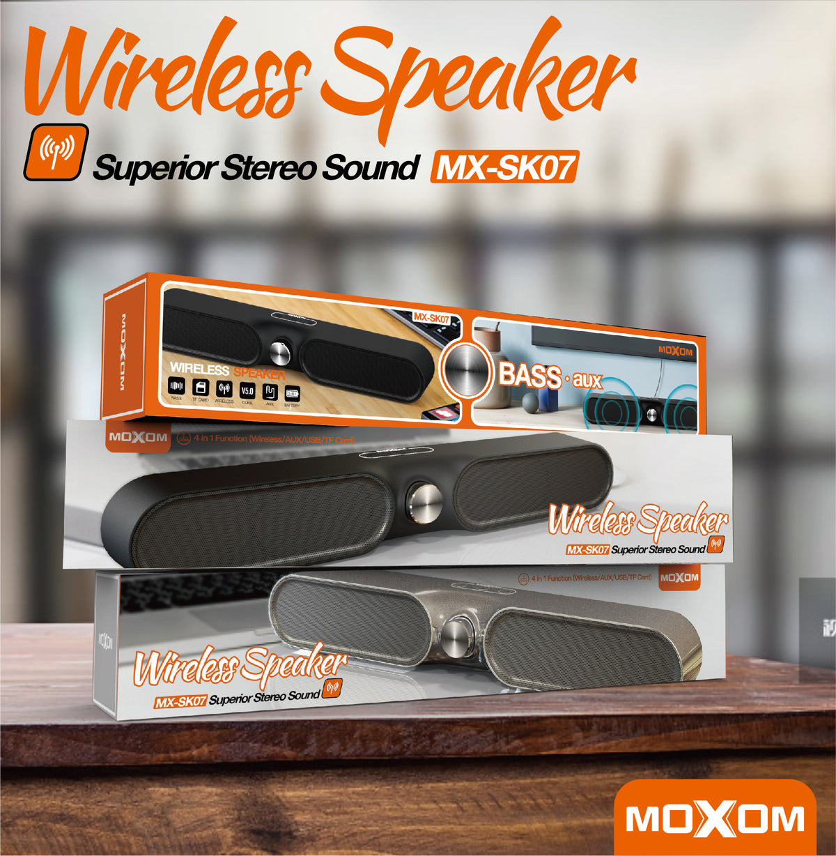 MOXOM MX-SK07 4-in-1 Wireless Stereo Soundbar – Dual 52mm Drivers, Bluetooth 5.0, AUX/USB/TF, Grey