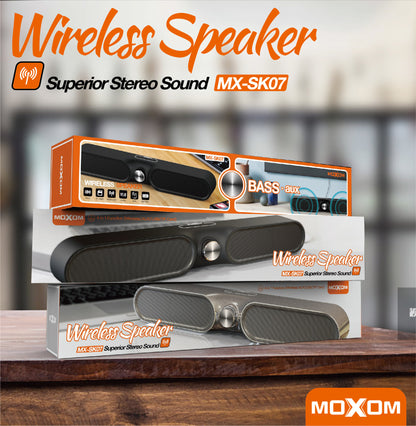 MOXOM MX-SK07 4-in-1 Wireless Stereo Soundbar – Dual 52mm Drivers, Bluetooth 5.0, AUX/USB/TF, Grey