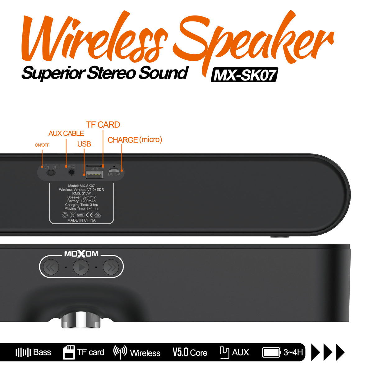 MOXOM MX-SK07 4-in-1 Wireless Stereo Soundbar – Dual 52mm Drivers, Bluetooth 5.0, AUX/USB/TF, Grey