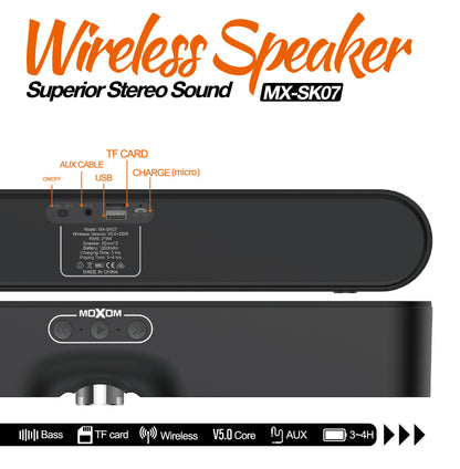 MOXOM MX-SK07 4-in-1 Wireless Stereo Soundbar – Dual 52mm Drivers, Bluetooth 5.0, AUX/USB/TF, Grey