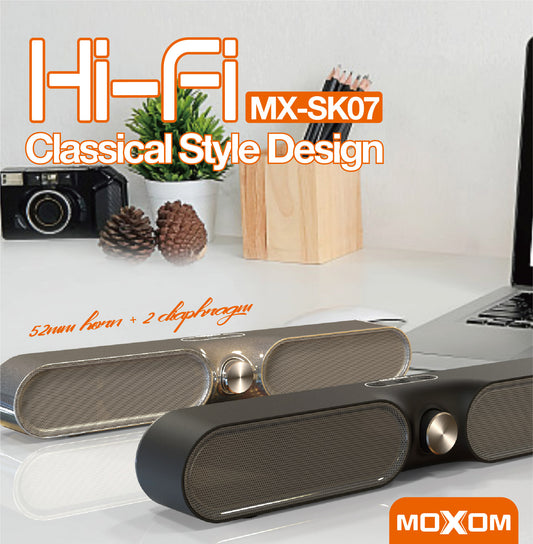 MOXOM MX-SK07 4-in-1 Wireless Stereo Soundbar – Dual 52mm Drivers, Bluetooth 5.0, AUX/USB/TF, Grey