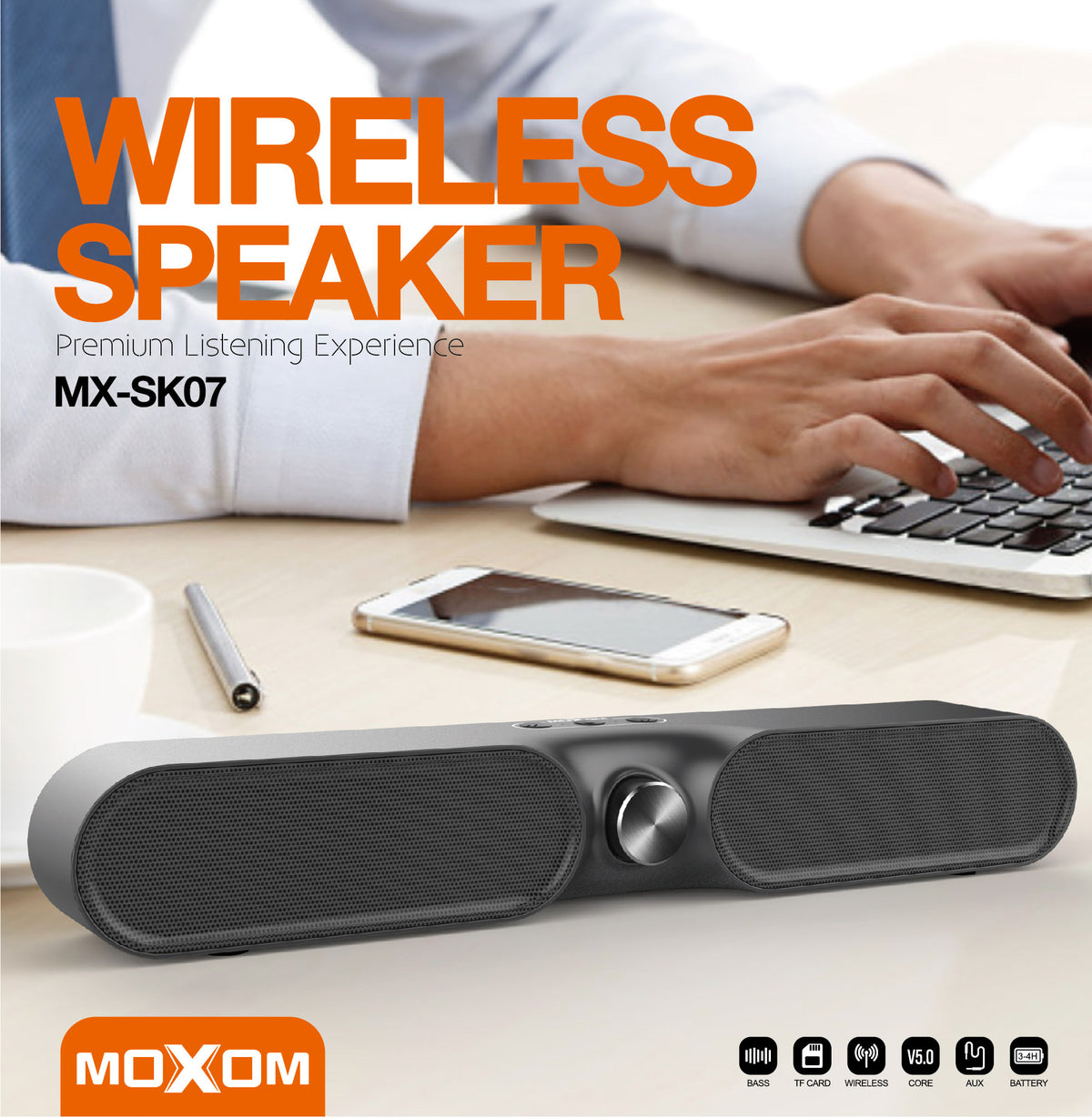 MOXOM MX-SK07 4-in-1 Wireless Stereo Soundbar – Dual 52mm Drivers, Bluetooth 5.0, AUX/USB/TF, Grey
