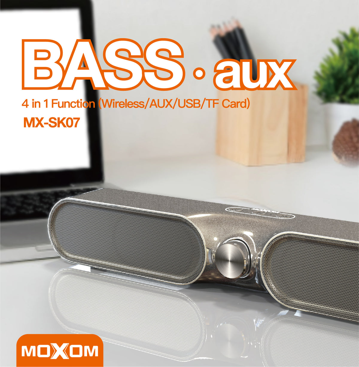 MOXOM MX-SK07 4-in-1 Wireless Stereo Soundbar – Dual 52mm Drivers, Bluetooth 5.0, AUX/USB/TF, Grey