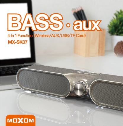 MOXOM MX-SK07 4-in-1 Wireless Stereo Soundbar – Dual 52mm Drivers, Bluetooth 5.0, AUX/USB/TF, Grey