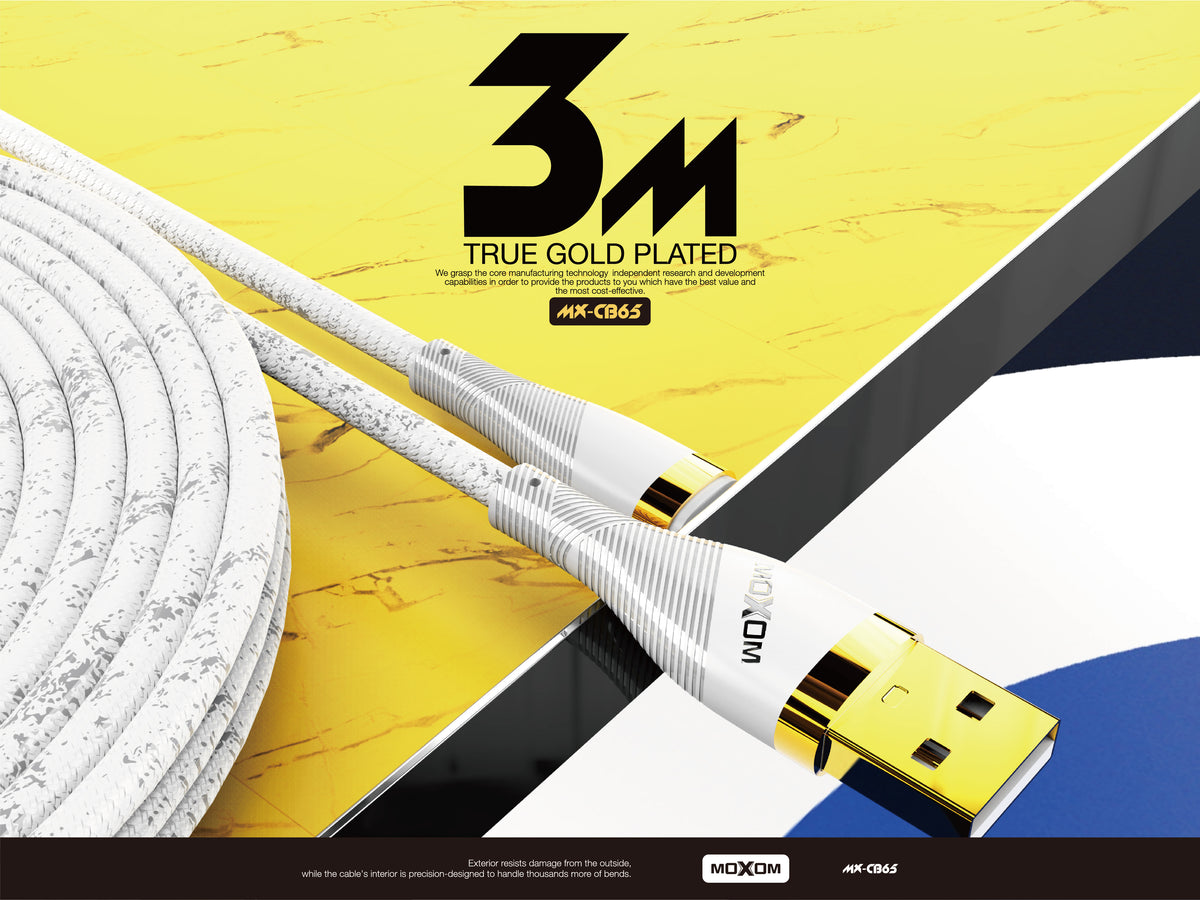 MOXOM MX-CB65 Extra Long 3m Charging Cable – Type-C / Lightning / Micro USB, 2.4A, Anti-Tangle