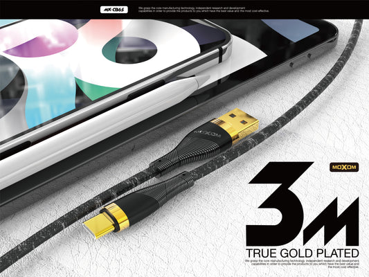 MOXOM MX-CB65 Extra Long 3m Charging Cable – Type-C / Lightning / Micro USB, 2.4A, Anti-Tangle