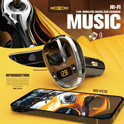 MOXOM MX-VC12 Bluetooth 5.0 FM Transmitter & Dual USB Car Charger – USB/MicroSD Music, LED Display