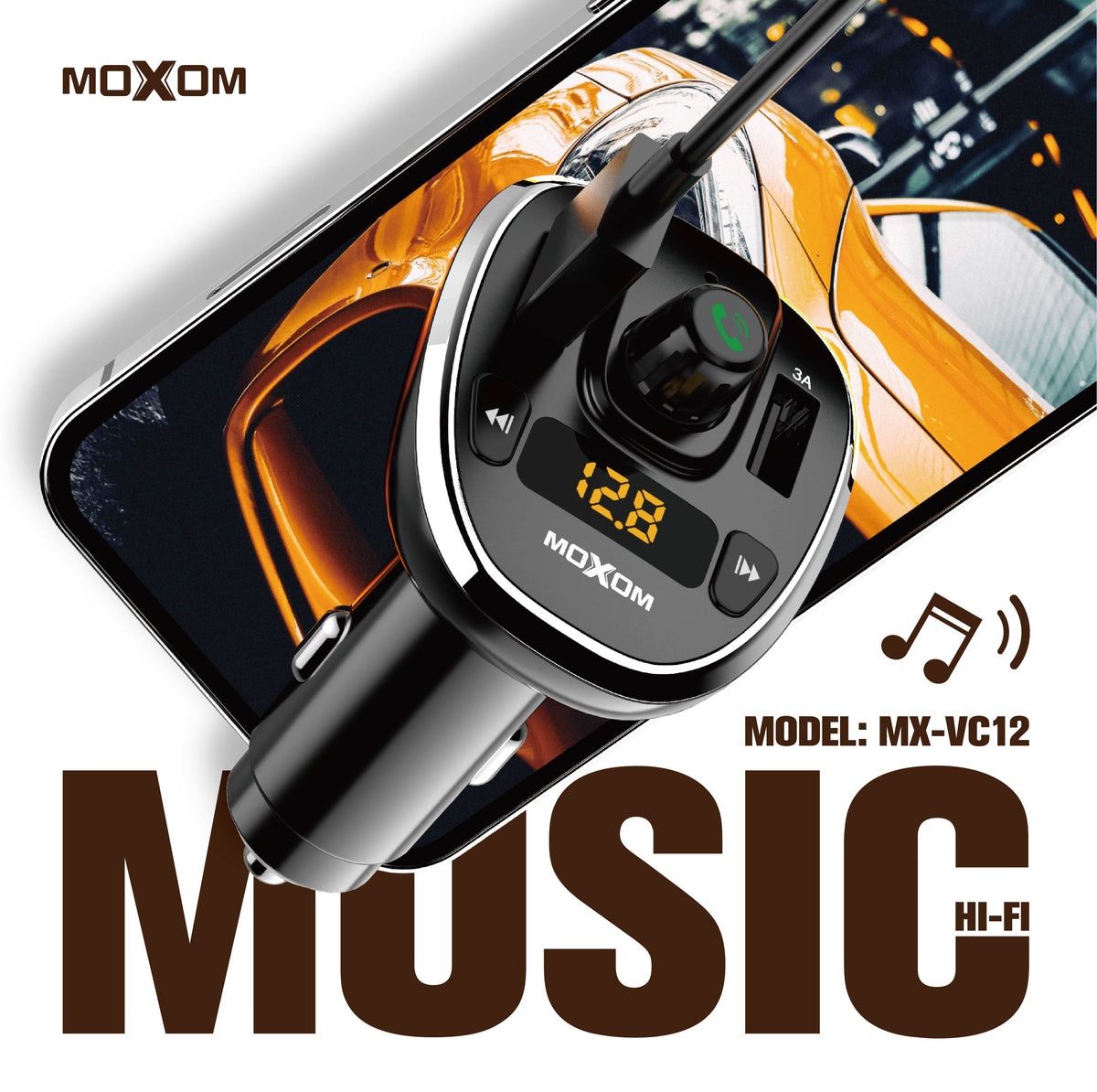 MOXOM MX-VC12 Bluetooth 5.0 FM Transmitter & Dual USB Car Charger – USB/MicroSD Music, LED Display