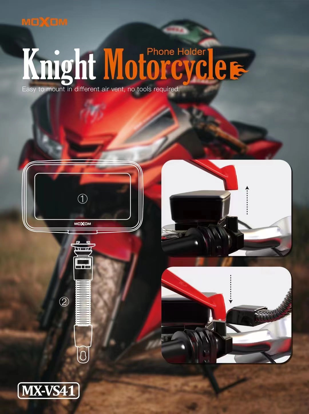 MOXOM MX-VS41 Waterproof Motorcycle Phone Holder – 360° Rotation, Fits Phones up to 7.5"