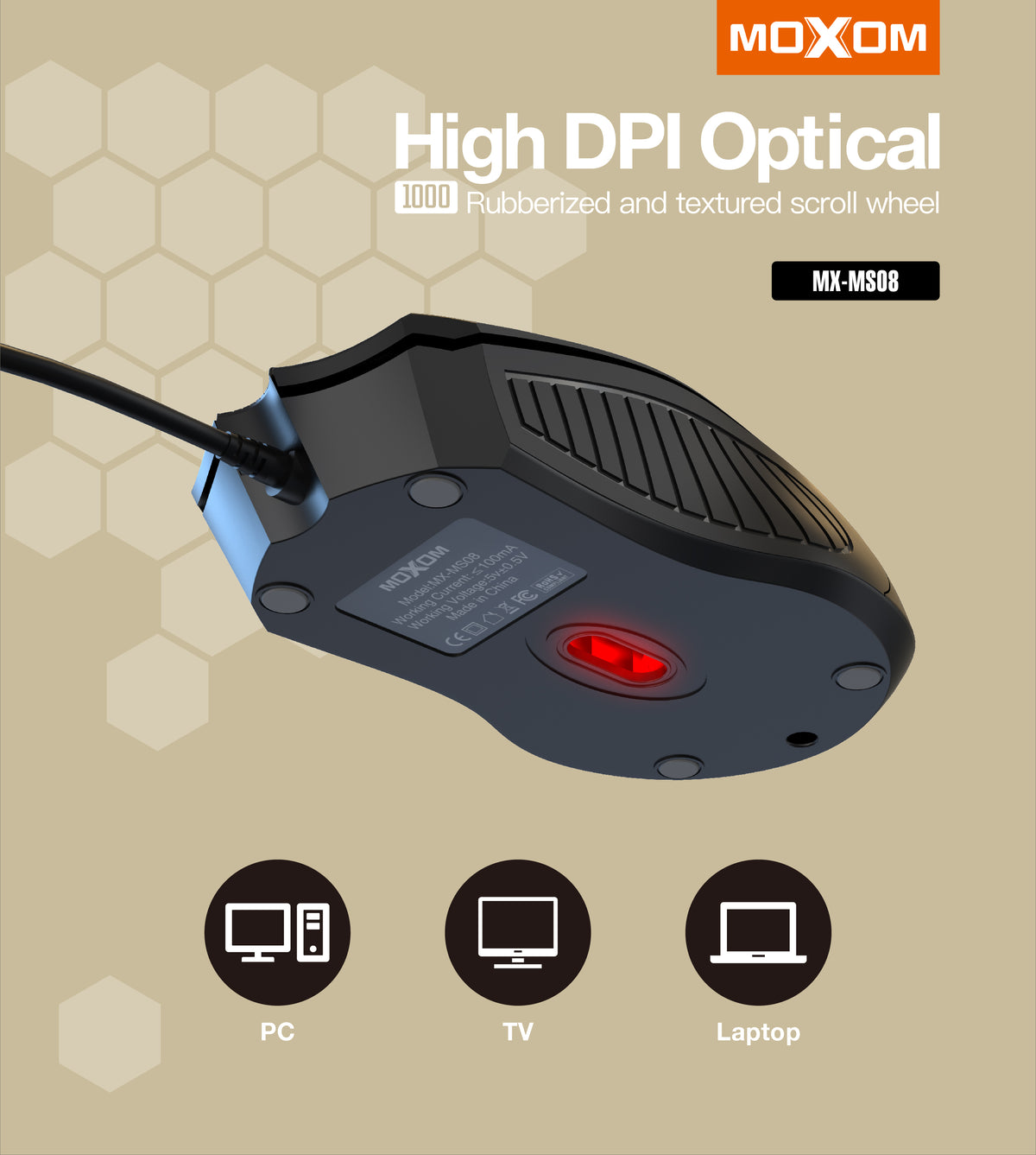 MOXOM MX-MS08 Elite Wired USB Mouse – 1000 DPI Optical, Ergonomic, Plug & Play for Office & Home