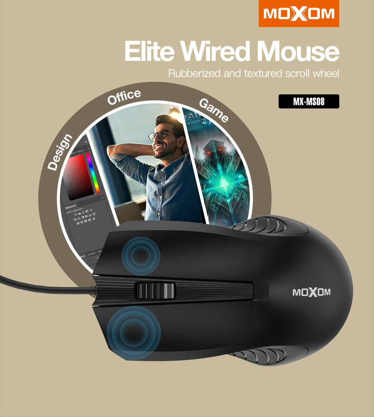 MOXOM MX-MS08 Elite Wired USB Mouse – 1000 DPI Optical, Ergonomic, Plug & Play for Office & Home