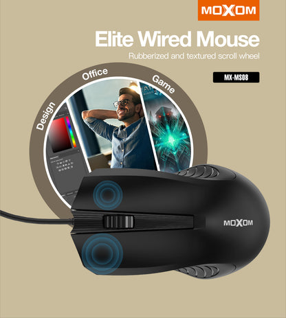 MOXOM MX-MS08 Elite Wired USB Mouse – 1000 DPI Optical, Ergonomic, Plug & Play for Office & Home