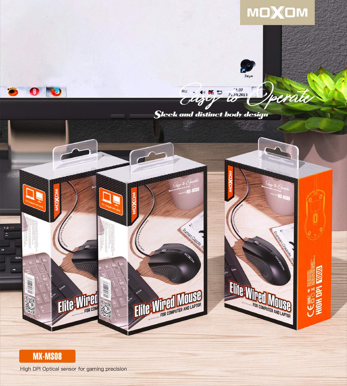 MOXOM MX-MS08 Elite Wired USB Mouse – 1000 DPI Optical, Ergonomic, Plug & Play for Office & Home