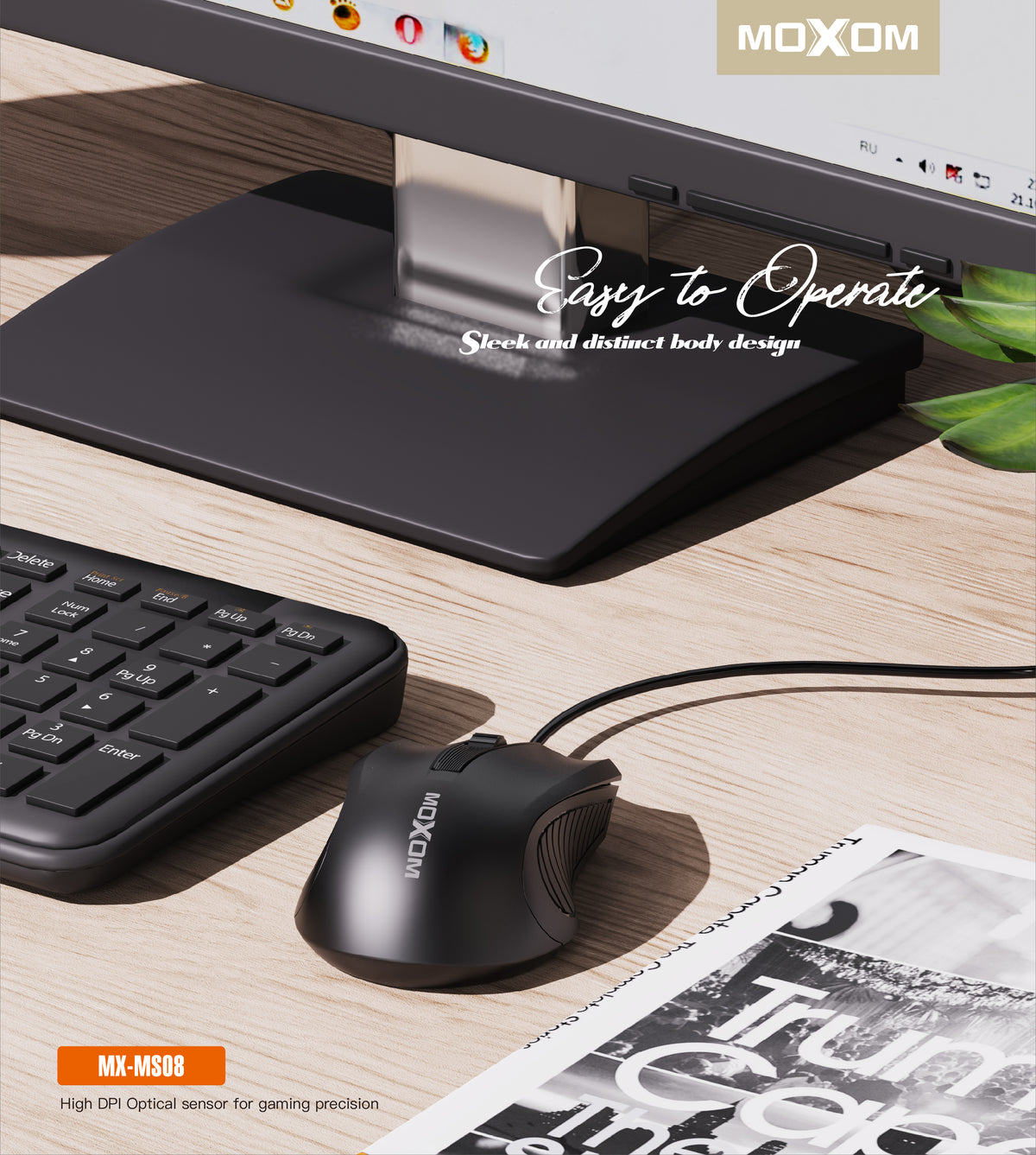 MOXOM MX-MS08 Elite Wired USB Mouse – 1000 DPI Optical, Ergonomic, Plug & Play for Office & Home