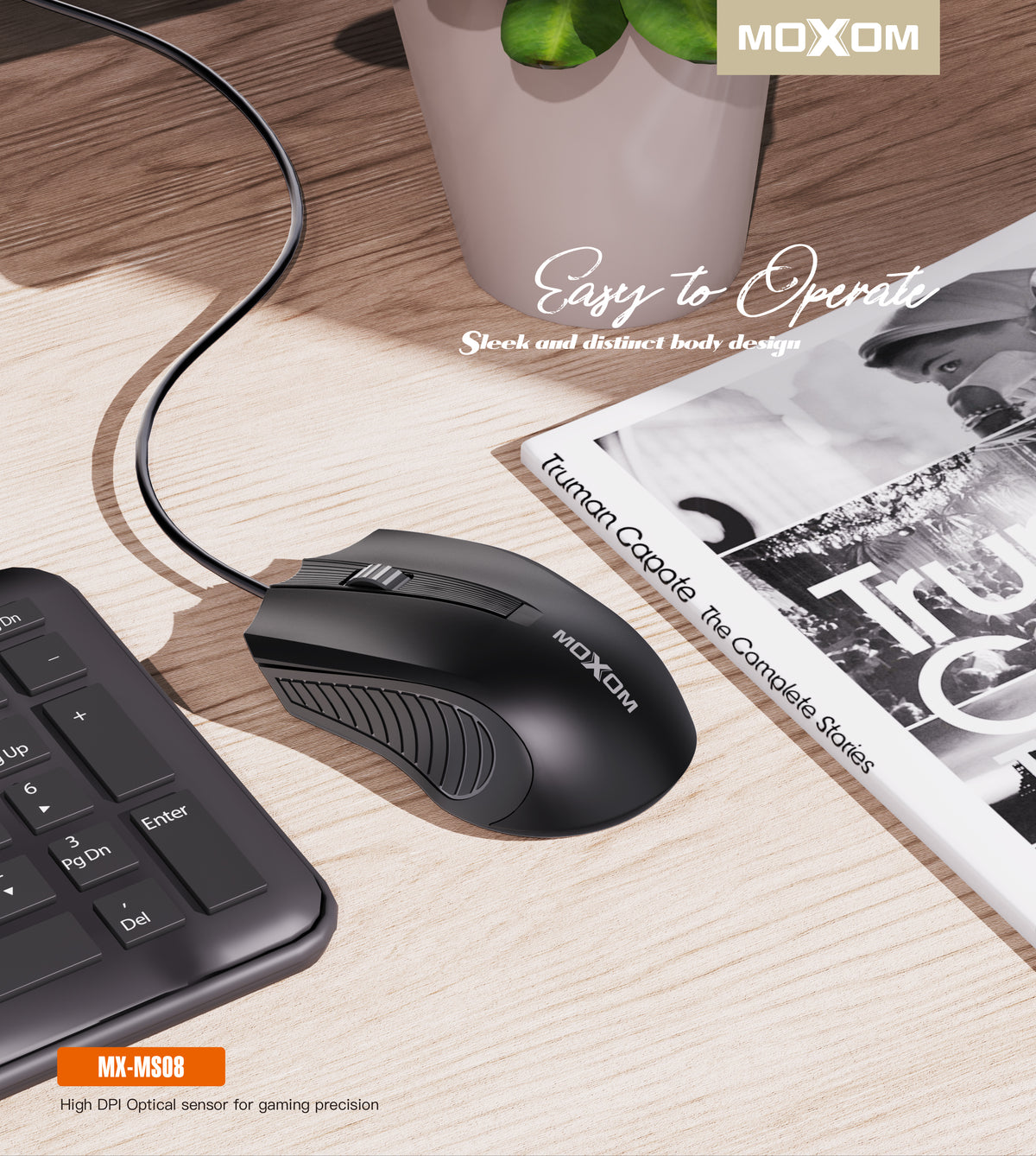 MOXOM MX-MS08 Elite Wired USB Mouse – 1000 DPI Optical, Ergonomic, Plug & Play for Office & Home