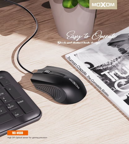 MOXOM MX-MS08 Elite Wired USB Mouse – 1000 DPI Optical, Ergonomic, Plug & Play for Office & Home