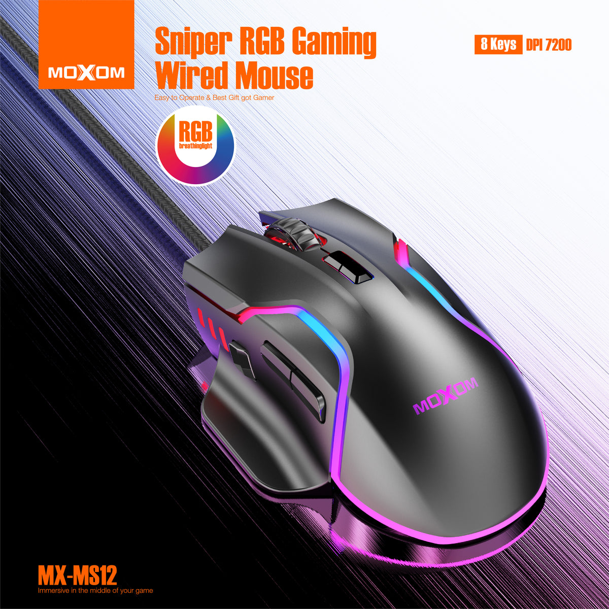 MOXOM MX-MS12 Smile Wired RGB Gaming Mouse – Up to 7200 DPI, 8 Buttons, 12 Light Effects
