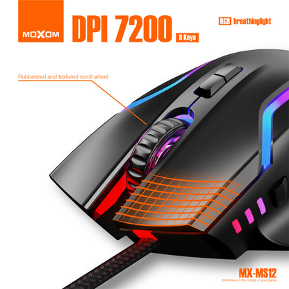 MOXOM MX-MS12 Smile Wired RGB Gaming Mouse – Up to 7200 DPI, 8 Buttons, 12 Light Effects