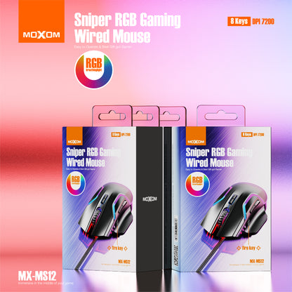MOXOM MX-MS12 Smile Wired RGB Gaming Mouse – Up to 7200 DPI, 8 Buttons, 12 Light Effects