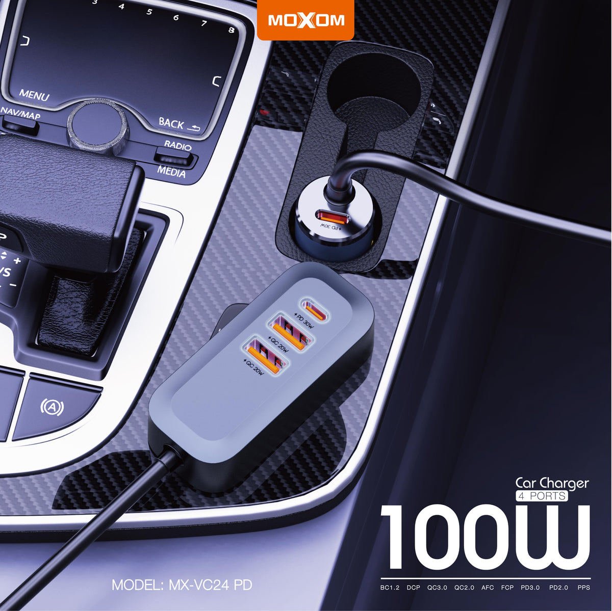 MOXOM MX-VC24 100W Car Charger – USB-C PD + USB-A QC3.0, Fast-Charges Laptops on the Road