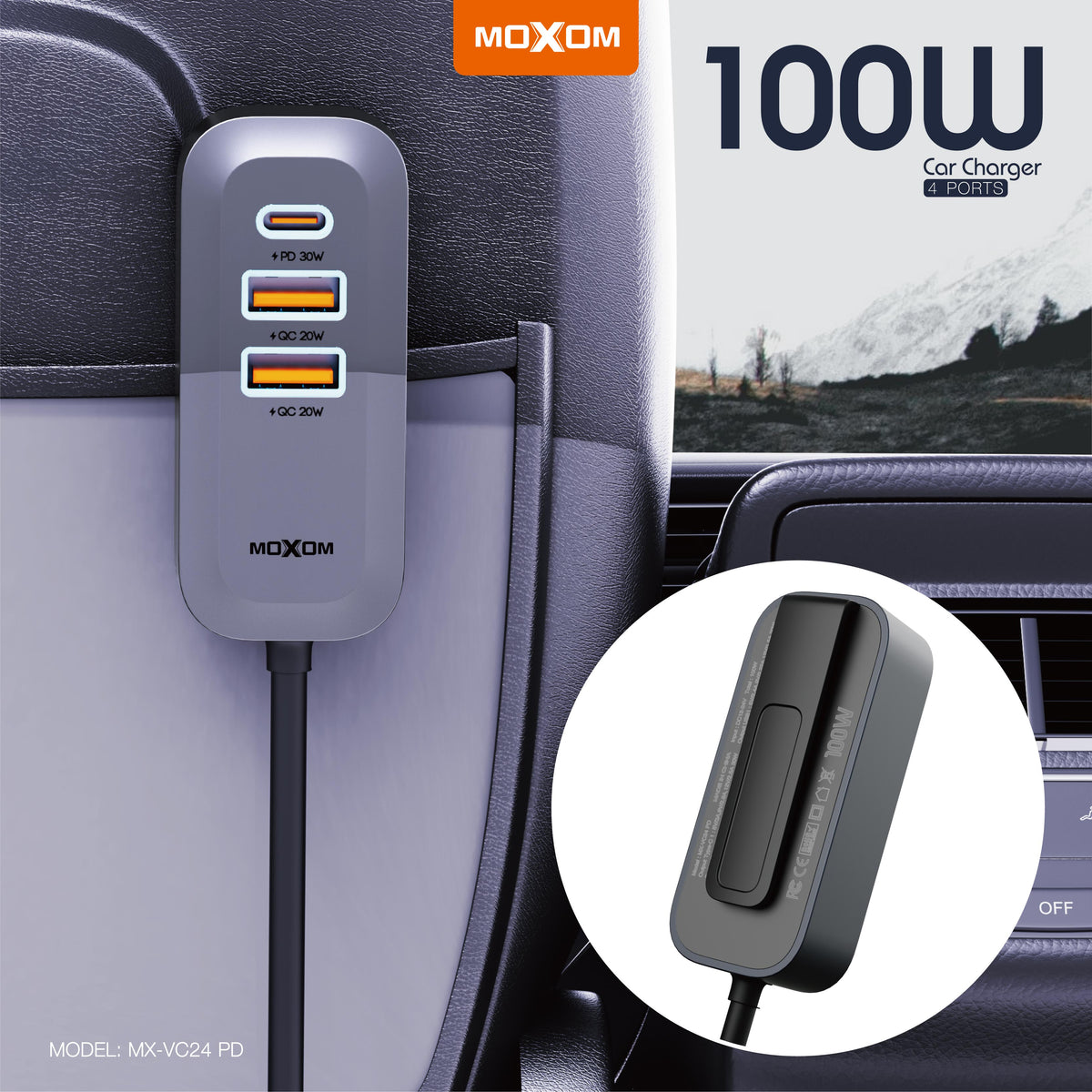 MOXOM MX-VC24 100W Car Charger – USB-C PD + USB-A QC3.0, Fast-Charges Laptops on the Road