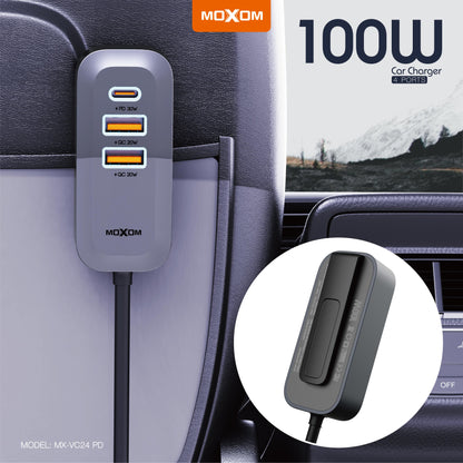 MOXOM MX-VC24 100W Car Charger – USB-C PD + USB-A QC3.0, Fast-Charges Laptops on the Road