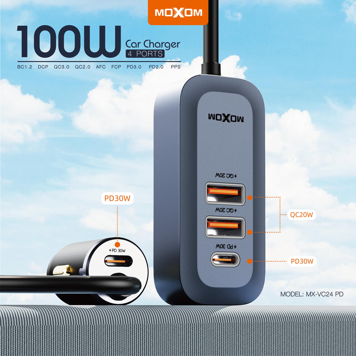 MOXOM MX-VC24 100W Car Charger – USB-C PD + USB-A QC3.0, Fast-Charges Laptops on the Road