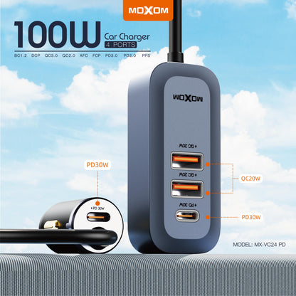MOXOM MX-VC24 100W Car Charger – USB-C PD + USB-A QC3.0, Fast-Charges Laptops on the Road
