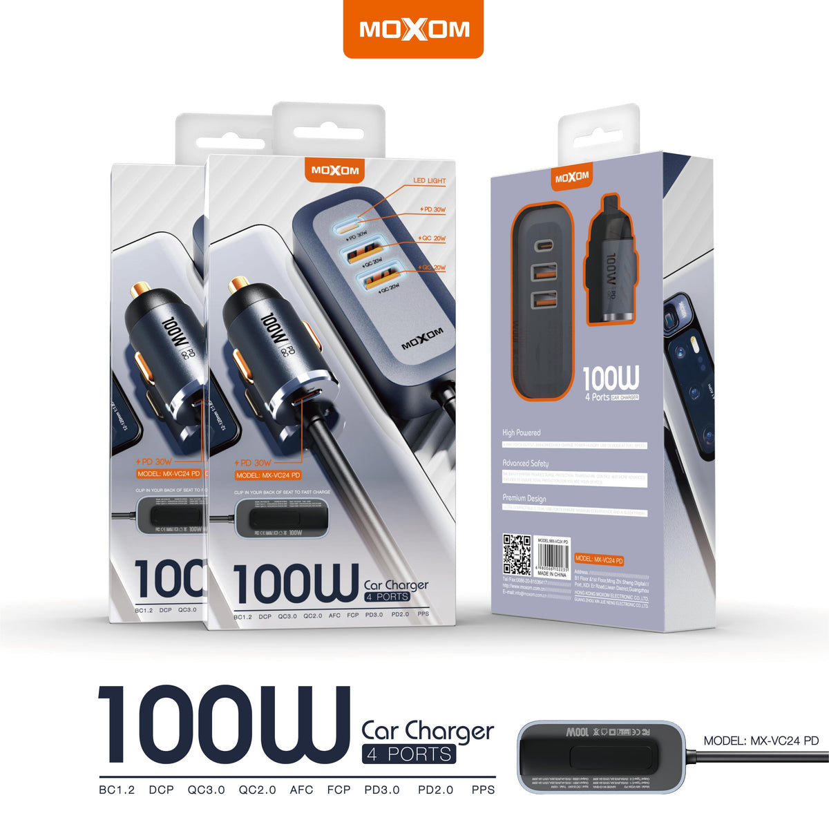 MOXOM MX-VC24 100W Car Charger – USB-C PD + USB-A QC3.0, Fast-Charges Laptops on the Road