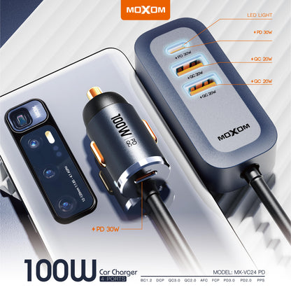 MOXOM MX-VC24 100W Car Charger – USB-C PD + USB-A QC3.0, Fast-Charges Laptops on the Road