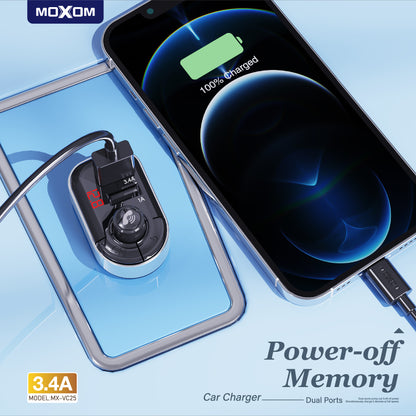 MOXOM MX-VC25 Bluetooth 5.0 FM Transmitter & Dual USB Car Charger – Hands-Free Calls, LCD Display