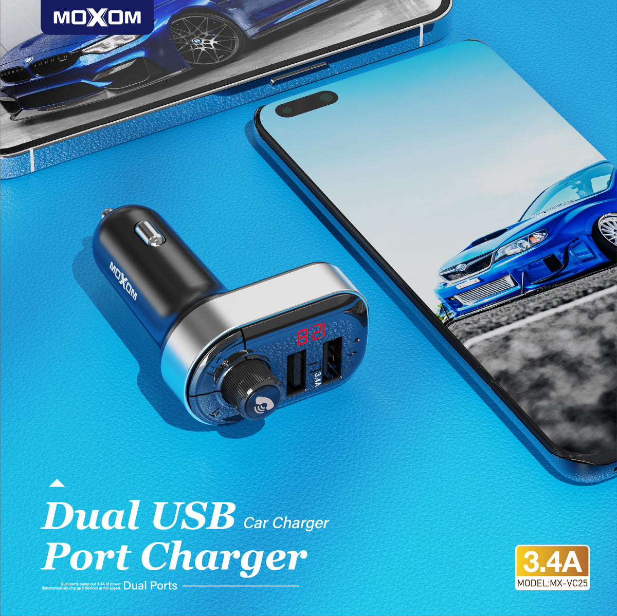 MOXOM MX-VC25 Bluetooth 5.0 FM Transmitter & Dual USB Car Charger – Hands-Free Calls, LCD Display