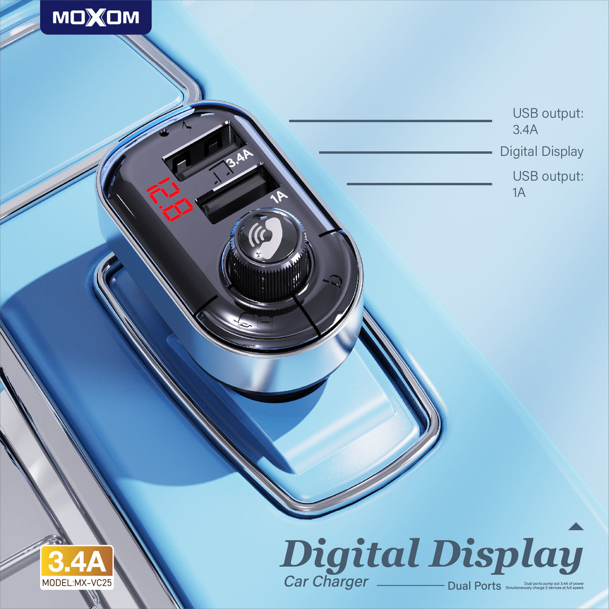 MOXOM MX-VC25 Bluetooth 5.0 FM Transmitter & Dual USB Car Charger – Hands-Free Calls, LCD Display