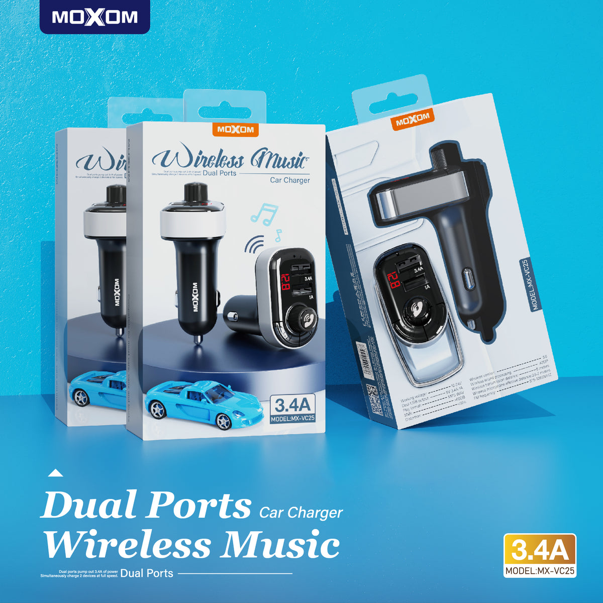 MOXOM MX-VC25 Bluetooth 5.0 FM Transmitter & Dual USB Car Charger – Hands-Free Calls, LCD Display